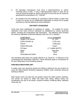 5.     Oil lubricated compressors must have a high-temperature or carbon
       monoxide alarm or both. If only a high-temperature alarm is used, the air
       must be frequently tested for carbon monoxide to insure that the air meets the
       specifications as described in G.I. 1780.001.

6.      Air samples from the breathing air compressor shall be tested, at least once
        in every six months, by an independent organization to ensure the air quality
        continues to meet the following air purity standards:

                              AIR PURITY STANDARDS

Limits have been established for breathing air quality.  Air suitable for human
respiration must meet minimum standards as established by various governing
bodies, including the Compressed Gas Association. The following chart provides
the maximum allowable contaminant allowed under the C.G.A. standard.

                 COMPONENT                                  C.G.A. STANDARD
                 Oxygen % by volume                               19 - 23%
                 Carbon Dioxide, by                                0.10% max.
                 Volume                                            (1000 ppm)
                 Carbon Monoxide                                  10 ppm
                 Oil Vapor                                  (< 1 mg/liter @ STP)
                 Water                                            Saturated
                 Odor                                              None
                 Particulates and Solids                           None

The standards cited above are usually referred to as "Grade D", in reference to the
Compressed Gas Association Table No.1 These standards apply to compressed air
for use in filling open circuit breathing systems.

HOW MUCH BREATHING AIR?

In reality, each man should be trained and drilled to determine his own duration by
using the Self-contained Breathing Apparatus (SCBA) under extremely strenuous
working conditions.


Many factors come into play that may greatly reduce the rated duration; therefore,
one should not expect to obtain the exact time rating, without taking into
consideration the size of the person, physical condition, breathing habits, adequate
mask seal, etc.




REV. JUNE 2004                                                         Safety Requirement for
                                                                      Drilling & Workover Rigs
                                      -- Page 17 of 95 --
 