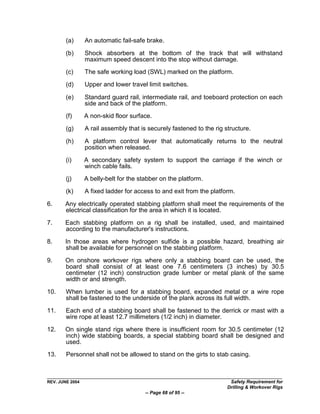(a)      An automatic fail-safe brake.

        (b)      Shock absorbers at the bottom of the track that will withstand
                 maximum speed descent into the stop without damage.
        (c)      The safe working load (SWL) marked on the platform.

        (d)      Upper and lower travel limit switches.

        (e)      Standard guard rail, intermediate rail, and toeboard protection on each
                 side and back of the platform.
        (f)      A non-skid floor surface.

        (g)      A rail assembly that is securely fastened to the rig structure.

        (h)      A platform control lever that automatically returns to the neutral
                 position when released.

        (i)      A secondary safety system to support the carriage if the winch or
                 winch cable fails.
        (j)      A belly-belt for the stabber on the platform.

        (k)      A fixed ladder for access to and exit from the platform.

6.     Any electrically operated stabbing platform shall meet the requirements of the
       electrical classification for the area in which it is located.

7.     Each stabbing platform on a rig shall be installed, used, and maintained
       according to the manufacturer's instructions.

8.     In those areas where hydrogen sulfide is a possible hazard, breathing air
       shall be available for personnel on the stabbing platform.

9.     On onshore workover rigs where only a stabbing board can be used, the
       board shall consist of at least one 7.6 centimeters (3 inches) by 30.5
       centimeter (12 inch) construction grade lumber or metal plank of the same
       width or and strength.

10.     When lumber is used for a stabbing board, expanded metal or a wire rope
        shall be fastened to the underside of the plank across its full width.

11.     Each end of a stabbing board shall be fastened to the derrick or mast with a
        wire rope at least 12.7 millimeters (1/2 inch) in diameter.

12.    On single stand rigs where there is insufficient room for 30.5 centimeter (12
       inch) wide stabbing boards, a special stabbing board shall be designed and
       used.
13.     Personnel shall not be allowed to stand on the girts to stab casing.



REV. JUNE 2004                                                          Safety Requirement for
                                                                       Drilling & Workover Rigs
                                        -- Page 68 of 95 --
 
