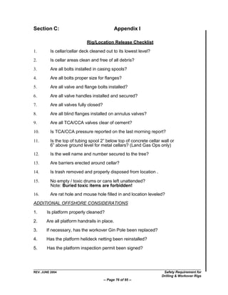Section C:                                      Appendix I

                             Rig/Location Release Checklist
1.        Is cellar/cellar deck cleaned out to its lowest level?

2.        Is cellar areas clean and free of all debris?

3.        Are all bolts installed in casing spools?

4.        Are all bolts proper size for flanges?

5.        Are all valve and flange bolts installed?

6.        Are all valve handles installed and secured?

7.        Are all valves fully closed?

8.        Are all blind flanges installed on annulus valves?

9.        Are all TCA/CCA valves clear of cement?

10.       Is TCA/CCA pressure reported on the last morning report?

11.       Is the top of tubing spool 2” below top of concrete cellar wall or
          6” above ground level for metal cellars? (Land Gas Ops only)
12.       Is the well name and number secured to the tree?

13.       Are barriers erected around cellar?

14.       Is trash removed and properly disposed from location .

15.       No empty / toxic drums or cans left unattended?
          Note: Buried toxic items are forbidden!
16.       Are rat hole and mouse hole filled in and location leveled?

ADDITIONAL OFFSHORE CONSIDERATIONS

1.      Is platform properly cleaned?

2.     Are all platform handrails in place.

3.     If necessary, has the workover Gin Pole been replaced?

4.     Has the platform helideck netting been reinstalled?

5.      Has the platform inspection permit been signed?




REV. JUNE 2004                                                        Safety Requirement for
                                                                     Drilling & Workover Rigs
                                         -- Page 76 of 95 --
 