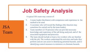 Job Safety Analysis
JSA
Team
1. A team leader (facilitator) with competence and experience in the
method to be used.
2. A secretary who will record the findings (this function may
sometimes be carried out by the team leader).
3. Team members (2-10 persons) who can provide necessary
knowledge and experience of the job being analyzed, and of the
associated equipment and processes.
4. The team should include at least a two workers who are familiar
with the job. The workers understand the activities and tasks they
perform and are can assist in identifying potential hazards, and in
identifying control measures to minimize or eliminate hazards.
A typical JSA team may consist of:
 