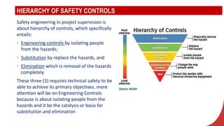HIERARCHY OF SAFETY CONTROLS
Safety engineering in project supervision is
about hierarchy of controls, which specifically
entails:
• Engineering controls by isolating people
from the hazards;
• Substitution by replace the hazards, and
• Elimination which is removal of the hazards
completely
These three (3) requires technical safety to be
able to achieve its primary objectives, more
attention will be on Engineering Controls
because is about isolating people from the
hazards and it be the catalysis or basis for
substitution and elimination
 