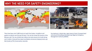 WHY THE NEED FOR SAFETY ENGINEERING?
There have been over 5,000 marine oil spills from tanker, oil platform and
pipeline accidents over the past 50 years. The red star shows the location of the
Montara spill. The size of black dots reflects the total amount of oil spilt during
each incident. Coloured lines depict worldwide commercial shipping tracks says
Rob Condon of The Conversation, Australia
Gas explosion in Abule Ado, Lagos leaves at least 15 people dead
and around 50 buildings destroyed says Nigerian Emergency
Management Authority (MENA)
 