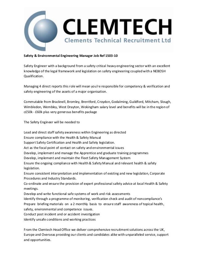 Safety & Environmental Engineering Manager Job Ref 150310