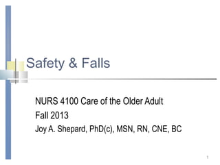 1
Safety & Falls
NURS 4100 Care of the Older Adult
Fall 2013
Joy A. Shepard, PhD(c), MSN, RN, CNE, BC
 