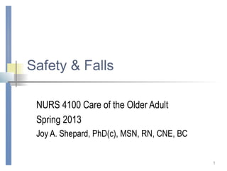 Safety & Falls

 NURS 4100 Care of the Older Adult
 Spring 2013
 Joy A. Shepard, PhD(c), MSN, RN, CNE, BC

                                            1
 