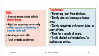 Signs:
A muscle cramp is also called a
charley horse.
Nighttime leg cramps are usually
sudden spasms, or tightening of
muscles in the calf.
Sweating or moist skin.
Tired, irritable, and thirsty.
Treatment:
Removing them from the heat.
Gently stretch/massage affected
area.
Slowly rehydrate with water, juice, or
sport drinks.
Rest for a couple of hours.
Avoid alcohol, caffeinated and/or
carbonated drinks.
01-03-2023 38
Dr.C. BEULAH JAYARANI
 