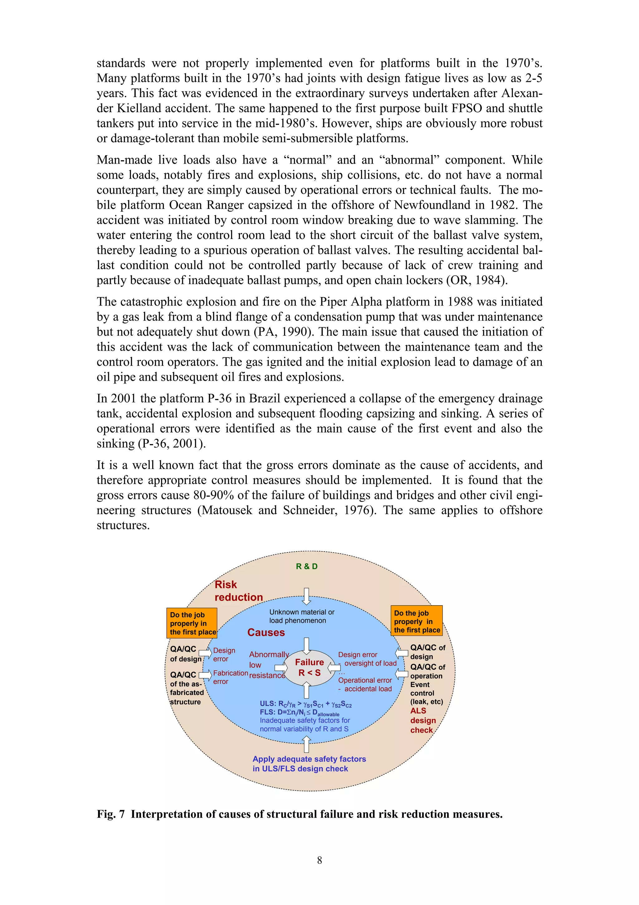 standards were not properly implemented even for platforms built in the 1970’s.
Many platforms built in the 1970’s had joints with design fatigue lives as low as 2-5
years. This fact was evidenced in the extraordinary surveys undertaken after Alexan-
der Kielland accident. The same happened to the first purpose built FPSO and shuttle
tankers put into service in the mid-1980’s. However, ships are obviously more robust
or damage-tolerant than mobile semi-submersible platforms.
Man-made live loads also have a “normal” and an “abnormal” component. While
some loads, notably fires and explosions, ship collisions, etc. do not have a normal
counterpart, they are simply caused by operational errors or technical faults. The mo-
bile platform Ocean Ranger capsized in the offshore of Newfoundland in 1982. The
accident was initiated by control room window breaking due to wave slamming. The
water entering the control room lead to the short circuit of the ballast valve system,
thereby leading to a spurious operation of ballast valves. The resulting accidental bal-
last condition could not be controlled partly because of lack of crew training and
partly because of inadequate ballast pumps, and open chain lockers (OR, 1984).
The catastrophic explosion and fire on the Piper Alpha platform in 1988 was initiated
by a gas leak from a blind flange of a condensation pump that was under maintenance
but not adequately shut down (PA, 1990). The main issue that caused the initiation of
this accident was the lack of communication between the maintenance team and the
control room operators. The gas ignited and the initial explosion lead to damage of an
oil pipe and subsequent oil fires and explosions.
In 2001 the platform P-36 in Brazil experienced a collapse of the emergency drainage
tank, accidental explosion and subsequent flooding capsizing and sinking. A series of
operational errors were identified as the main cause of the first event and also the
sinking (P-36, 2001).
It is a well known fact that the gross errors dominate as the cause of accidents, and
therefore appropriate control measures should be implemented. It is found that the
gross errors cause 80-90% of the failure of buildings and bridges and other civil engi-
neering structures (Matousek and Schneider, 1976). The same applies to offshore
structures.


                                                  R&D

                            Risk
                            reduction
              Do the job                  Unknown material or                     Do the job
              properly in                 load phenomenon                         properly in
                                                                                  the first place
              the first place       Causes
              QA/QC        Design                                                      QA/QC of
                                       Abnormally               Design error           design
              of design    error
                                       low        Failure       - oversight of load
                                                                                       QA/QC of
              QA/QC        Fabrication resistance  R<S          …
                                                                                       operation
                           error                                Operational error
              of the as-                                                               Event
                                                                - accidental load
              fabricated                                                               control
              structure                ULS: RC/γR > γS1SC1 + γS2SC2                    (leak, etc)
                                       FLS: D=Σni/Ni ≤ Dallowable                      ALS
                                       Inadequate safety factors for                   design
                                       normal variability of R and S                   check


                                     Apply adequate safety factors
                                     in ULS/FLS design check




Fig. 7 Interpretation of causes of structural failure and risk reduction measures.


                                                         8
 