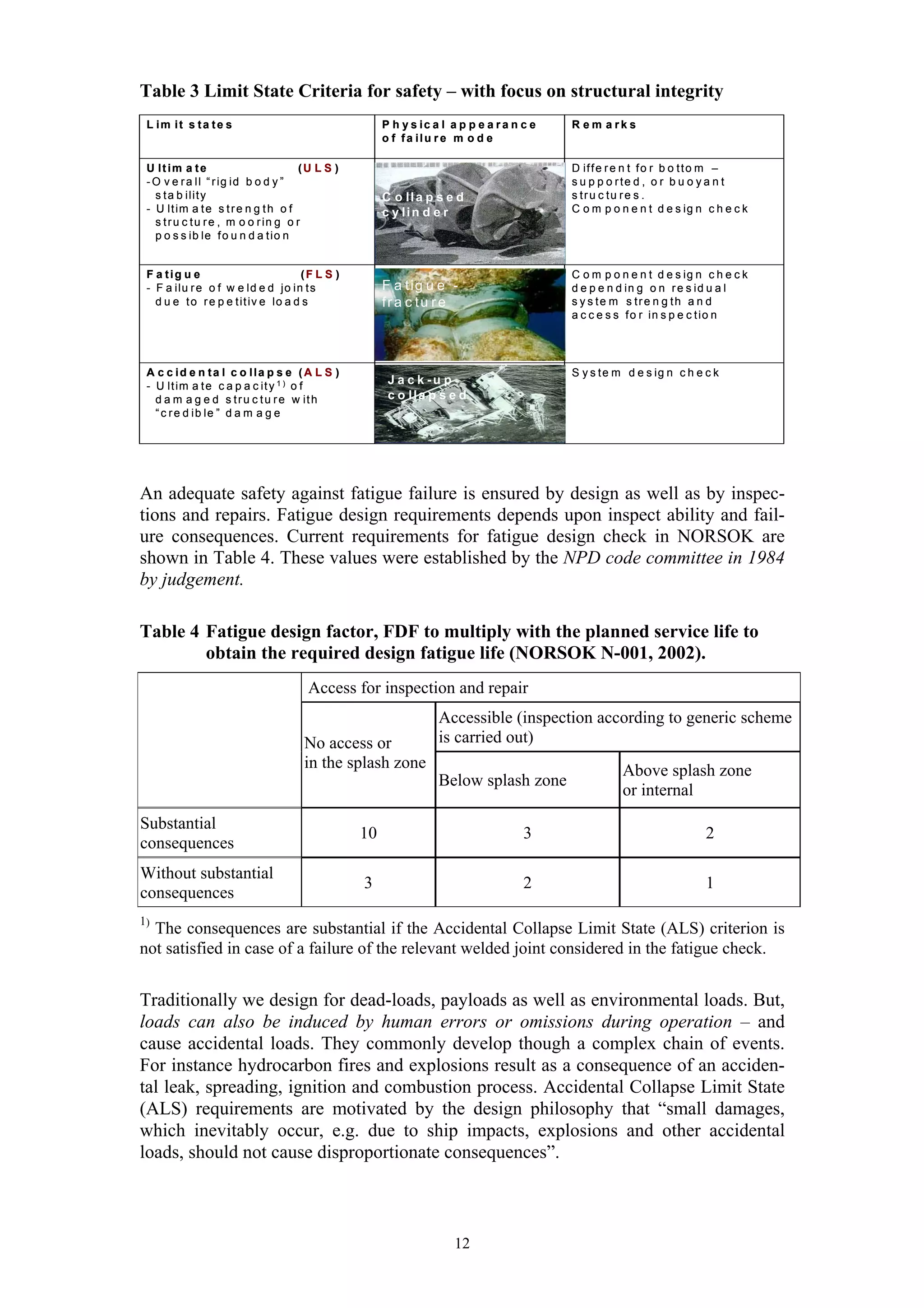 Table 3 Limit State Criteria for safety – with focus on structural integrity
 L im it s ta te s                                     P h y s ic a l a p p e a r a n c e   R e m a rk s
                                                       o f fa ilu r e m o d e

 U ltim a te                           (U L S )                                             D if f e r e n t f o r b o t t o m –
 - O v e r a l l “ r ig i d b o d y ”                                                       s u p p o rte d , o r b u o y a n t
   s t a b i lit y                                     C o lla p s e d                      s tru c tu re s .
 - U lt im a t e s t r e n g t h o f                   c y lin d e r                        C o m p o n e n t d e s ig n c h e c k
   s t r u c t u r e , m o o r in g o r
   p o s s ib le f o u n d a t io n


 F a tig u e                         (F L S )                                               C o m p o n e n t d e s ig n c h e c k
 - F a ilu r e o f w e ld e d jo in t s                F a t ig u e -                       d e p e n d in g o n r e s i d u a l
   d u e t o r e p e t it iv e lo a d s                fra c tu re                          s y s te m s tre n g th a n d
                                                                                            a c c e s s f o r in s p e c t io n




 A c c id e n ta l c o lla p s e ( A L S )                                                  S y s t e m d e s ig n c h e c k
 - U lt im a t e c a p a c it y 1 ) o f
                                                        J a c k -u p
   d a m a g e d s t r u c t u r e w it h               c o lla p s e d
   “ c r e d i b le ” d a m a g e




An adequate safety against fatigue failure is ensured by design as well as by inspec-
tions and repairs. Fatigue design requirements depends upon inspect ability and fail-
ure consequences. Current requirements for fatigue design check in NORSOK are
shown in Table 4. These values were established by the NPD code committee in 1984
by judgement.

Table 4 Fatigue design factor, FDF to multiply with the planned service life to
        obtain the required design fatigue life (NORSOK N-001, 2002).
                                       Access for inspection and repair
                                                                   Accessible (inspection according to generic scheme
                                      No access or                 is carried out)
                                      in the splash zone                                               Above splash zone
                                                                   Below splash zone
                                                                                                       or internal
Substantial
                                                  10                                  3                                  2
consequences
Without substantial
                                                  3                                   2                                  1
consequences
1)
  The consequences are substantial if the Accidental Collapse Limit State (ALS) criterion is
not satisfied in case of a failure of the relevant welded joint considered in the fatigue check.


Traditionally we design for dead-loads, payloads as well as environmental loads. But,
loads can also be induced by human errors or omissions during operation – and
cause accidental loads. They commonly develop though a complex chain of events.
For instance hydrocarbon fires and explosions result as a consequence of an acciden-
tal leak, spreading, ignition and combustion process. Accidental Collapse Limit State
(ALS) requirements are motivated by the design philosophy that “small damages,
which inevitably occur, e.g. due to ship impacts, explosions and other accidental
loads, should not cause disproportionate consequences”.



                                                                       12
 