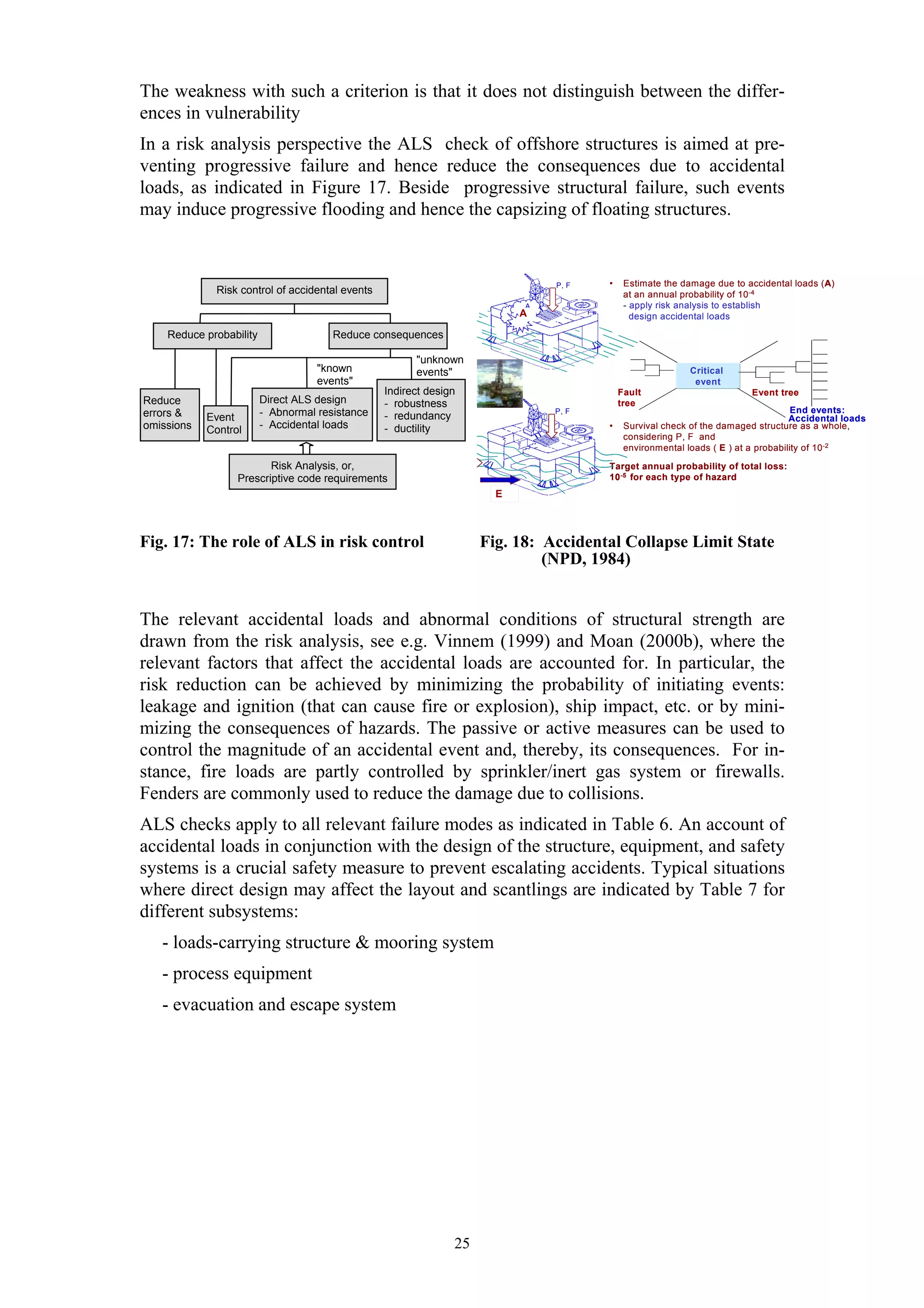 The weakness with such a criterion is that it does not distinguish between the differ-
ences in vulnerability
In a risk analysis perspective the ALS check of offshore structures is aimed at pre-
venting progressive failure and hence reduce the consequences due to accidental
loads, as indicated in Figure 17. Beside progressive structural failure, such events
may induce progressive flooding and hence the capsizing of floating structures.


                                                                              P, F   •    Estimate the damage due to accidental loads (A)
             Risk control of accidental events                                            at an annual probability of 10 -4
                                                                          A               - apply risk analysis to establish
                                                                          A                 design accidental loads

    Reduce probability                 Reduce consequences

                                                       "unknown
                                    "known             events"                                           Critical
                                    events"                                                               event
                                                 Indirect design                         Fault                         Event tree
Reduce                   Direct ALS design       - robustness                            tree
errors &                 - Abnormal resistance                                P, F                                                End events:
            Event                                - redundancy                                                                    Accidental loads
omissions   Control      - Accidental loads      - ductility                         •    Survival check of the damaged structure as a whole,
                                                                                          considering P, F and
                                                                                          environmental loads ( E ) at a probability of 10 -2

                         Risk Analysis, or,                                          Target annual probability of total loss:
                  Prescriptive code requirements                                     10 -5 for each type of hazard
                                                                      E



Fig. 17: The role of ALS in risk control                            Fig. 18: Accidental Collapse Limit State
                                                                             (NPD, 1984)


The relevant accidental loads and abnormal conditions of structural strength are
drawn from the risk analysis, see e.g. Vinnem (1999) and Moan (2000b), where the
relevant factors that affect the accidental loads are accounted for. In particular, the
risk reduction can be achieved by minimizing the probability of initiating events:
leakage and ignition (that can cause fire or explosion), ship impact, etc. or by mini-
mizing the consequences of hazards. The passive or active measures can be used to
control the magnitude of an accidental event and, thereby, its consequences. For in-
stance, fire loads are partly controlled by sprinkler/inert gas system or firewalls.
Fenders are commonly used to reduce the damage due to collisions.
ALS checks apply to all relevant failure modes as indicated in Table 6. An account of
accidental loads in conjunction with the design of the structure, equipment, and safety
systems is a crucial safety measure to prevent escalating accidents. Typical situations
where direct design may affect the layout and scantlings are indicated by Table 7 for
different subsystems:
   - loads-carrying structure & mooring system
   - process equipment
   - evacuation and escape system




                                                               25
 