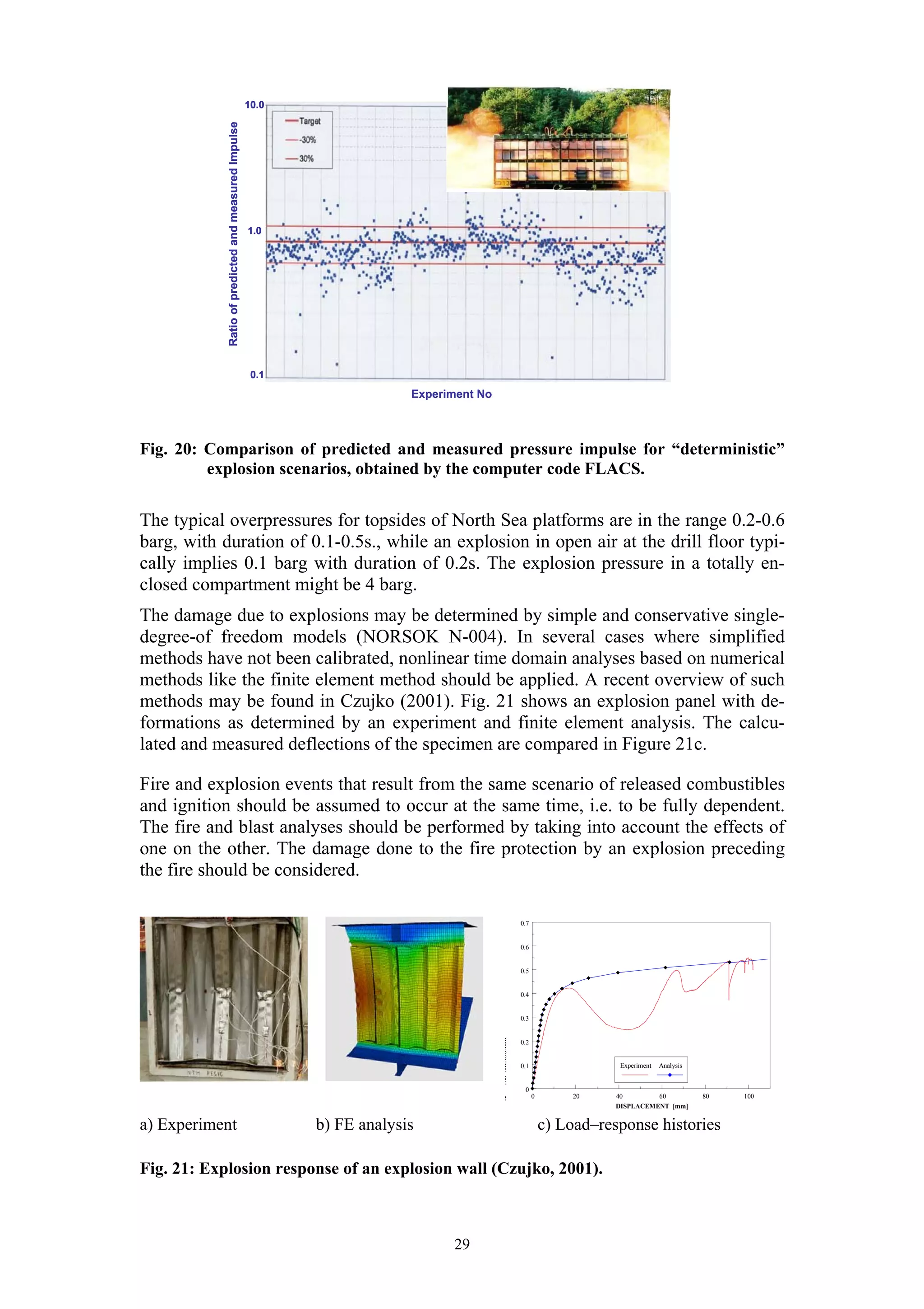 10.0




            Ratio of predicted and measured Impulse   1.0




                                                       0.1
                                                                          Experiment No



Fig. 20: Comparison of predicted and measured pressure impulse for “deterministic”
         explosion scenarios, obtained by the computer code FLACS.


The typical overpressures for topsides of North Sea platforms are in the range 0.2-0.6
barg, with duration of 0.1-0.5s., while an explosion in open air at the drill floor typi-
cally implies 0.1 barg with duration of 0.2s. The explosion pressure in a totally en-
closed compartment might be 4 barg.
The damage due to explosions may be determined by simple and conservative single-
degree-of freedom models (NORSOK N-004). In several cases where simplified
methods have not been calibrated, nonlinear time domain analyses based on numerical
methods like the finite element method should be applied. A recent overview of such
methods may be found in Czujko (2001). Fig. 21 shows an explosion panel with de-
formations as determined by an experiment and finite element analysis. The calcu-
lated and measured deflections of the specimen are compared in Figure 21c.

Fire and explosion events that result from the same scenario of released combustibles
and ignition should be assumed to occur at the same time, i.e. to be fully dependent.
The fire and blast analyses should be performed by taking into account the effects of
one on the other. The damage done to the fire protection by an explosion preceding
the fire should be considered.

                                                                                                         0.7


                                                                                                         0.6


                                                                                                         0.5


                                                                                                         0.4


                                                                                                         0.3
                                                                                          PRESSURE [N/




                                                                                                         0.2


                                                                                                         0.1                   Experiment   Analysis


                                                                                                          0
                                                                                                               0        20    40        60             80   100
                                                                                          2]




                                                                                                                              DISPLACEMENT [mm]


a) Experiment                                                b) FE analysis                                        c) Load–response histories

Fig. 21: Explosion response of an explosion wall (Czujko, 2001).



                                                                                29
 