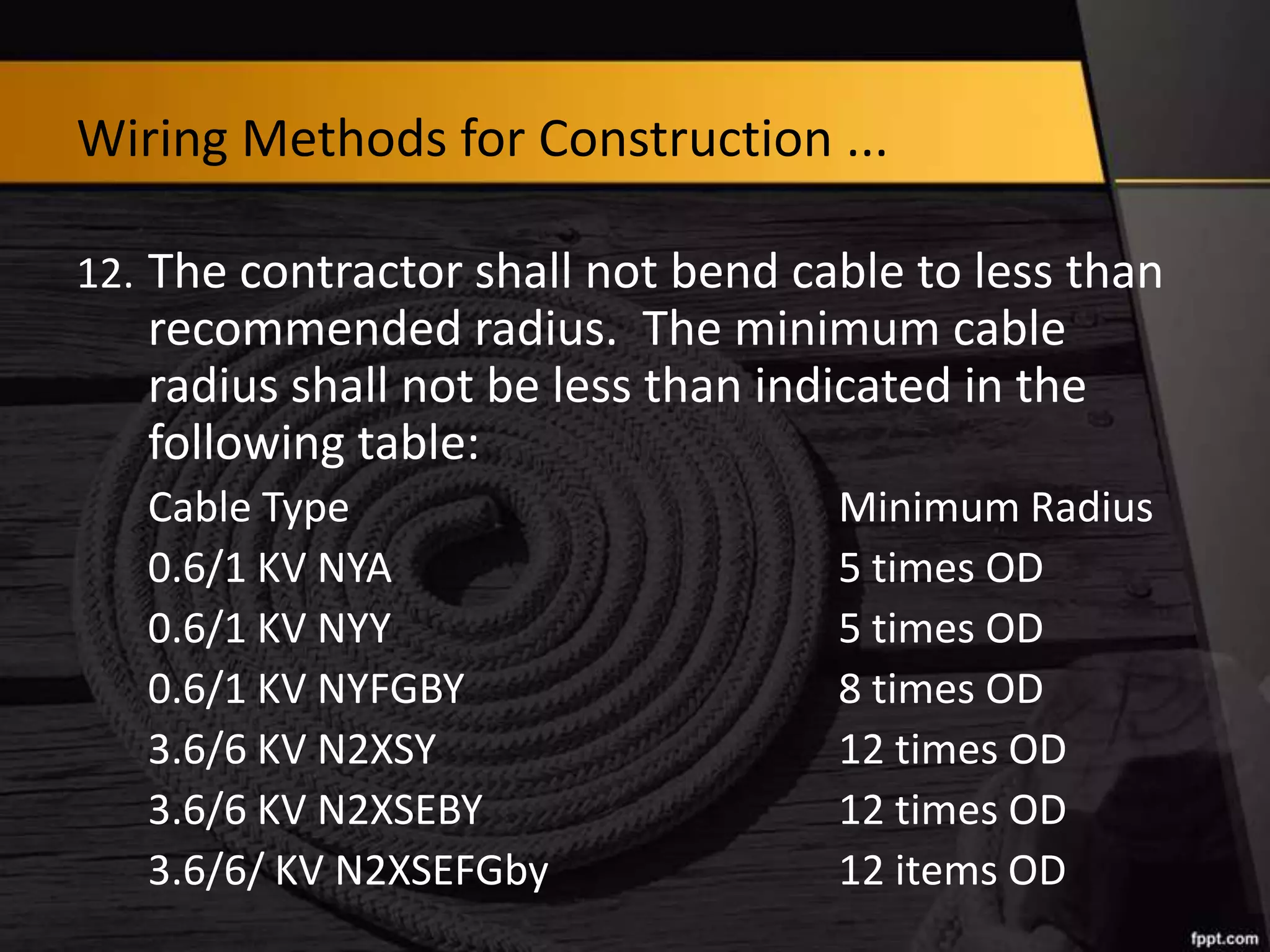 Wiring Methods for Construction ...
12. The contractor shall not bend cable to less than

recommended radius. The minimum cable
radius shall not be less than indicated in the
following table:
Cable Type
0.6/1 KV NYA
0.6/1 KV NYY
0.6/1 KV NYFGBY
3.6/6 KV N2XSY
3.6/6 KV N2XSEBY
3.6/6/ KV N2XSEFGby

Minimum Radius
5 times OD
5 times OD
8 times OD
12 times OD
12 times OD
12 items OD

 
