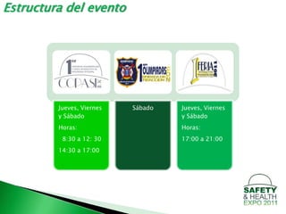 Estructura del evento




         Jueves, Viernes   Sábado   Jueves, Viernes
         y Sábado                   y Sábado
         Horas:                     Horas:
          8:30 a 12: 30             17:00 a 21:00
         14:30 a 17:00
 