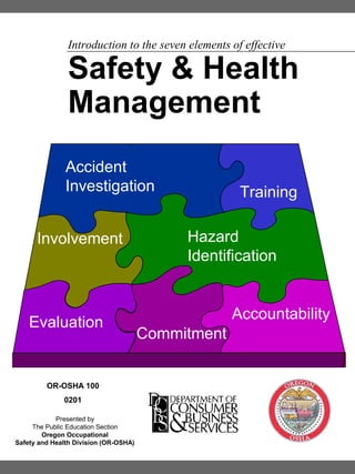 Introduction to the seven elements of effective

Safety & Health
Management
Accident
Investigation
Involvement

Evaluation

OR-OSHA 100
0201
Presented by
The Public Education Section
Oregon Occupational
Safety and Health Division (OR-OSHA)

Training
Hazard
Identification

Accountability
Commitment

 