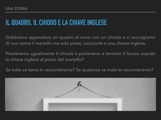 UNA STORIA
IL QUADRO, IL CHIODO E LA CHIAVE INGLESE
Dobbiamo appendere un quadro al muro con un chiodo e ci accorgiamo
di non avere il martello ma solo pinze, cacciavite e una chiave inglese.
Pianteremo ugualmente il chiodo e porteremo a termine il lavoro usando
la chiave inglese al posto del martello?
Se tutto va bene lo racconteremo? Se qualcosa va male lo racconteremo?
 
