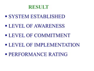 RESULT
 SYSTEM ESTABLISHED
 LEVEL OF AWARENESS
 LEVEL OF COMMITMENT
 LEVEL OF IMPLEMENTATION
 PERFORMANCE RATING
 