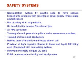 Neutralization system by caustic soda to form sodium hypochlorite products with emergency power supply (Three stage neutralization) Use of safety kit to stop release. On line detection sensors for chlorine gas. All PPE’s provided. Training of employees at shop floor and at consumers premises. Training of drivers and conductors. Rescue team availability on effected site on call. Provision of high capacity blowers in tanks and liquid Cl2 filling area (Connected with neutralizing system) Minimum inventory in liquid Cl2 tank Public announcement facility and local phones SAFETY SYSTEMS 