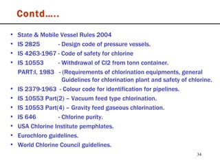 Contd….. State & Mobile Vessel Rules 2004 IS 2825   - Design code of pressure vessels. IS 4263-1967 - Code of safety for chlorine IS 10553   - Withdrawal of Cl2 from tonn container. PART:I, 1983  - (Requirements of chlorination equipments, general    Guidelines for chlorination plant and safety of chlorine. IS 2379-1963  - Colour code for identification for pipelines. IS 10553 Part(2) – Vacuum feed type chlorination. IS 10553 Part(4) – Gravity feed gaseous chlorination. IS 646   - Chlorine purity. USA Chlorine Institute pemphlates. Eurochloro guidelines. World Chlorine Council guidelines. 
