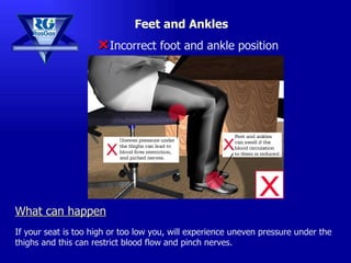 Feet and Ankles If your seat is too high or too low you, will experience uneven pressure under the thighs and this can restrict blood flow and pinch nerves. × Incorrect foot and ankle position What can happen 