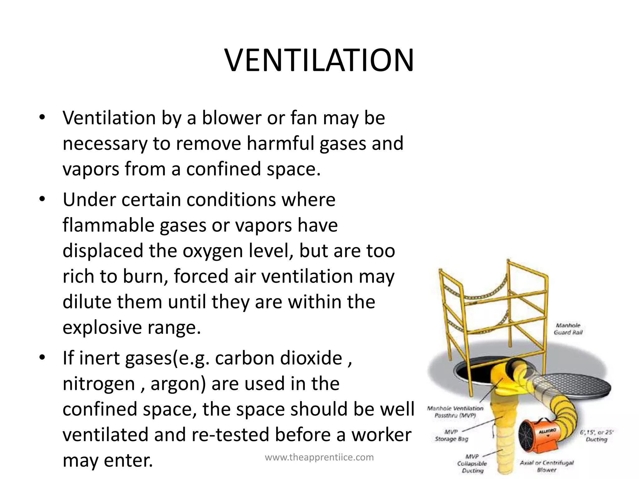 VENTILATION
• Ventilation by a blower or fan may be
necessary to remove harmful gases and
vapors from a confined space.
• Under certain conditions where
flammable gases or vapors have
displaced the oxygen level, but are too
rich to burn, forced air ventilation may
dilute them until they are within the
explosive range.
• If inert gases(e.g. carbon dioxide ,
nitrogen , argon) are used in the
confined space, the space should be well
ventilated and re-tested before a worker
may enter. www.theapprentiice.com
 
