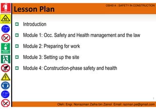 Oleh: Engr. Norrazman Zaiha bin Zainol Email: razman.pe@gmail.com
OSH514 : SAFETY IN CONSTRUCTION
Lesson Plan
Introduction...