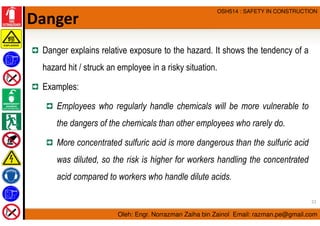 Oleh: Engr. Norrazman Zaiha bin Zainol Email: razman.pe@gmail.com
OSH514 : SAFETY IN CONSTRUCTION
Danger explains relative...