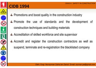 Oleh: Engr. Norrazman Zaiha bin Zainol Email: razman.pe@gmail.com
OSH514 : SAFETY IN CONSTRUCTION
CIDB 1994
Promotions and...