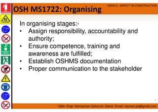 Oleh: Engr. Norrazman Zaiha bin Zainol Email: razman.pe@gmail.com
OSH514 : SAFETY IN CONSTRUCTION
OSH MS1722: Organising
I...
