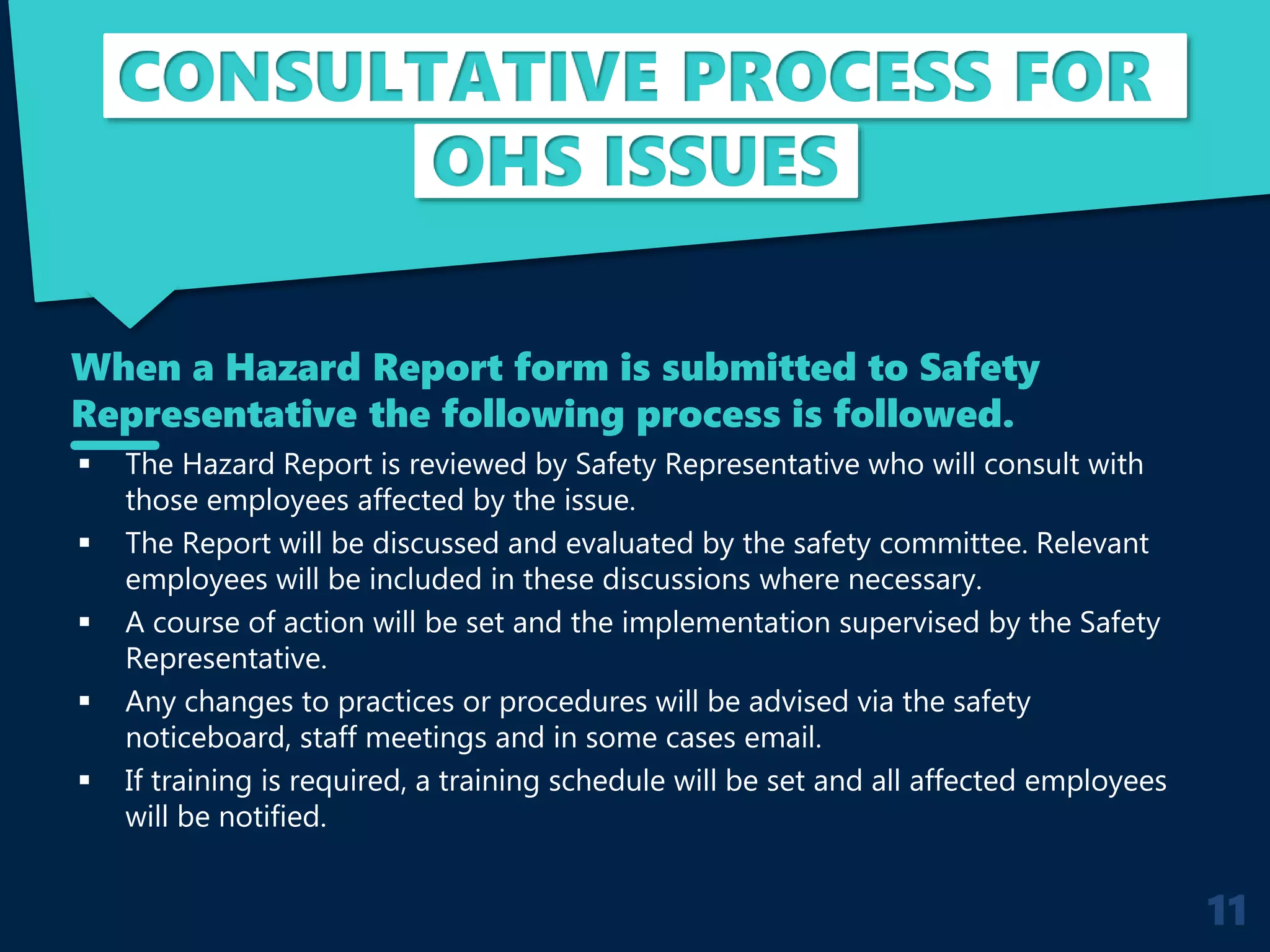 CONSULTATIVE PROCESS FOR
OHS ISSUES
 The Hazard Report is reviewed by Safety Representative who will consult with
those employees affected by the issue.
 The Report will be discussed and evaluated by the safety committee. Relevant
employees will be included in these discussions where necessary.
 A course of action will be set and the implementation supervised by the Safety
Representative.
 Any changes to practices or procedures will be advised via the safety
noticeboard, staff meetings and in some cases email.
 If training is required, a training schedule will be set and all affected employees
will be notified.
When a Hazard Report form is submitted to Safety
Representative the following process is followed.
11
 