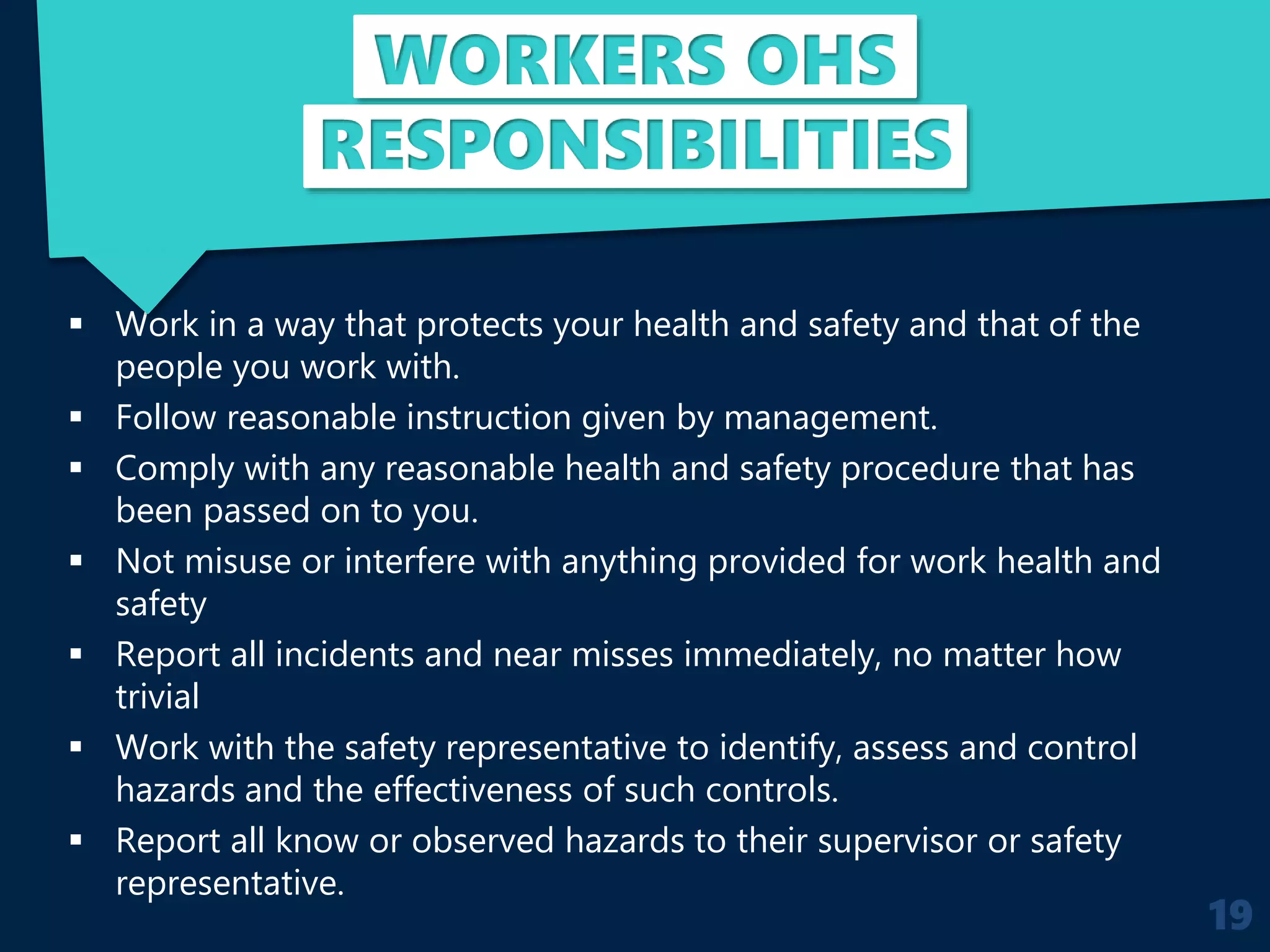 WORKERS OHS
RESPONSIBILITIES
 Work in a way that protects your health and safety and that of the
people you work with.
 Follow reasonable instruction given by management.
 Comply with any reasonable health and safety procedure that has
been passed on to you.
 Not misuse or interfere with anything provided for work health and
safety
 Report all incidents and near misses immediately, no matter how
trivial
 Work with the safety representative to identify, assess and control
hazards and the effectiveness of such controls.
 Report all know or observed hazards to their supervisor or safety
representative.
19
 