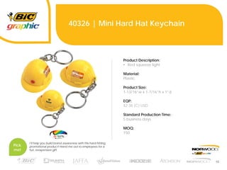 10
40326 | Mini Hard Hat Keychain
Product Description:
• Red squeeze light
Material:
Plastic
Product Size:
1-13/16”w x 1-7/16”h x 1”d
EQP:
$2.38 (C) USD
Standard Production Time:
5 business days
MOQ:
150
Pick
me!
I’ll help you build brand awareness with this hard-hitting
promotional product! Hand me out to employees for a
fun, inexpensive gift.
 
