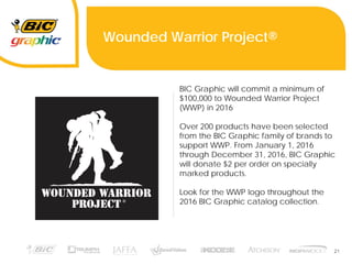 21
Wounded Warrior Project®
BIC Graphic will commit a minimum of
$100,000 to Wounded Warrior Project
(WWP) in 2016
Over 200 products have been selected
from the BIC Graphic family of brands to
support WWP. From January 1, 2016
through December 31, 2016, BIC Graphic
will donate $2 per order on specially
marked products.
Look for the WWP logo throughout the
2016 BIC Graphic catalog collection.
 