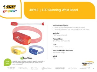 9
40943 | LED Running Wrist Band
Product Description:
• Improves visibility while running at night
• Strap illuminates the same colors as the face
Material:
PU (Polyurethane)
Product Size:
8-5/8"w x 3/4"h x 3/8"d
EQP:
$1.99 (C) USD
Standard Production Time:
5 business days
MOQ:
250
Pick
me!
Whether you're running at night or want to stand out in
the crowd, this light up wrist band will ensure you're
seen in the dark.l
 