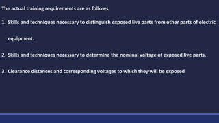 The actual training requirements are as follows:
1. Skills and techniques necessary to distinguish exposed live parts from other parts of electric
equipment.
2. Skills and techniques necessary to determine the nominal voltage of exposed live parts.
3. Clearance distances and corresponding voltages to which they will be exposed
 