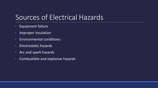 Sources of Electrical Hazards
• Equipment failure
• Improper insulation
• Environmental conditions
• Electrostatic hazards
• Arc and spark hazards
• Combustible and explosive hazards
 