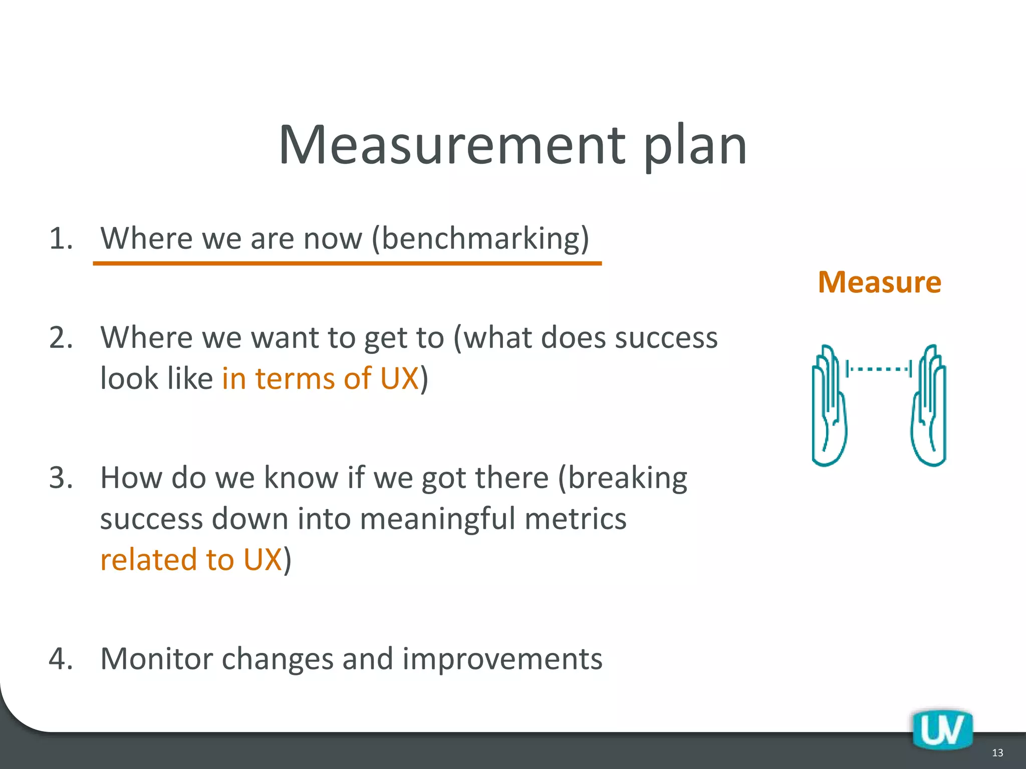 1. Where we are now (benchmarking)
2. Where we want to get to (what does success
look like in terms of UX)
3. How do we know if we got there (breaking
success down into meaningful metrics
related to UX)
4. Monitor changes and improvements
13
Measurement plan
Measure
 