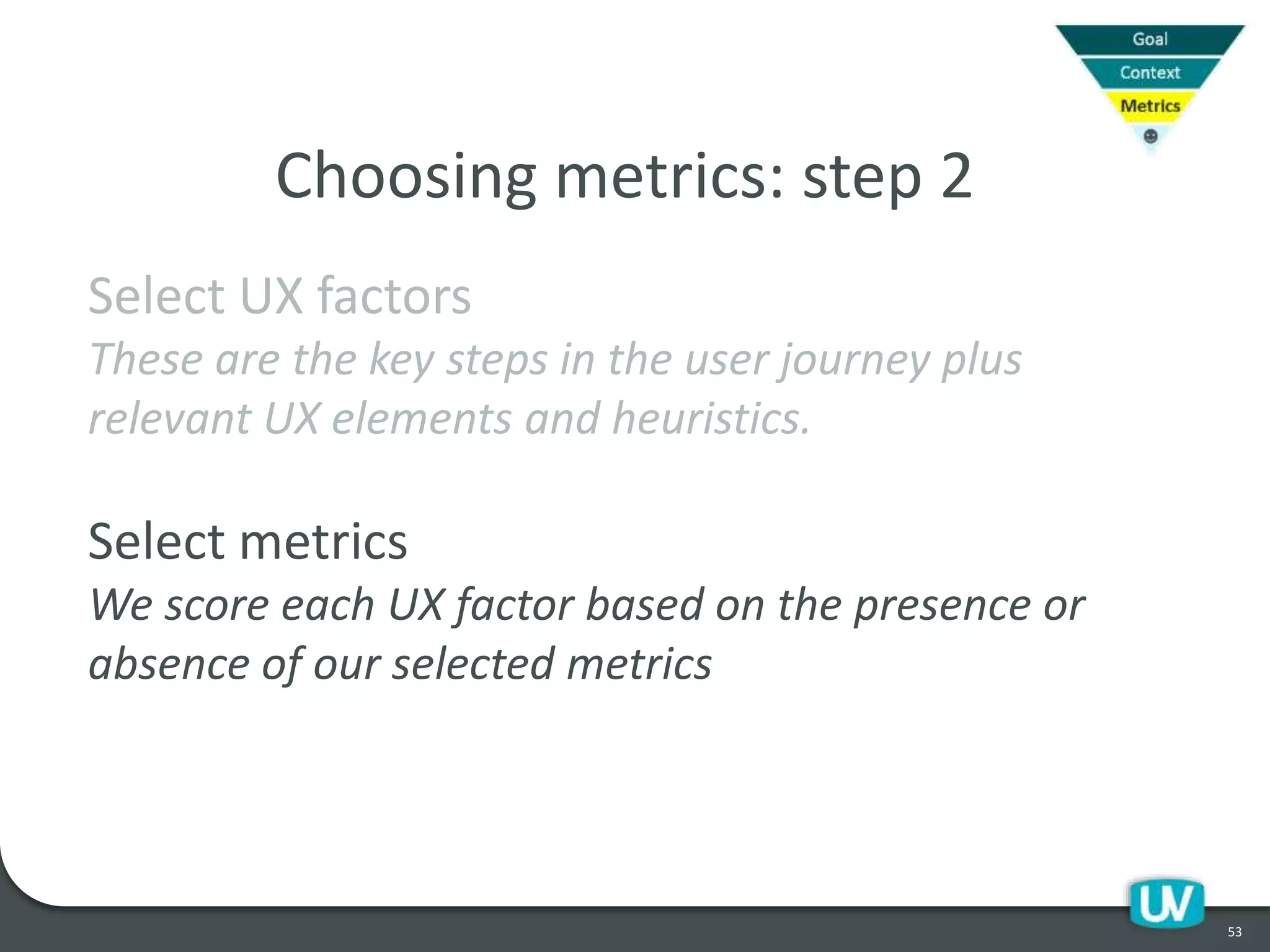 53
Choosing metrics: step 2
Select UX factors
These are the key steps in the user journey plus
relevant UX elements and heuristics.
Select metrics
We score each UX factor based on the presence or
absence of our selected metrics
 