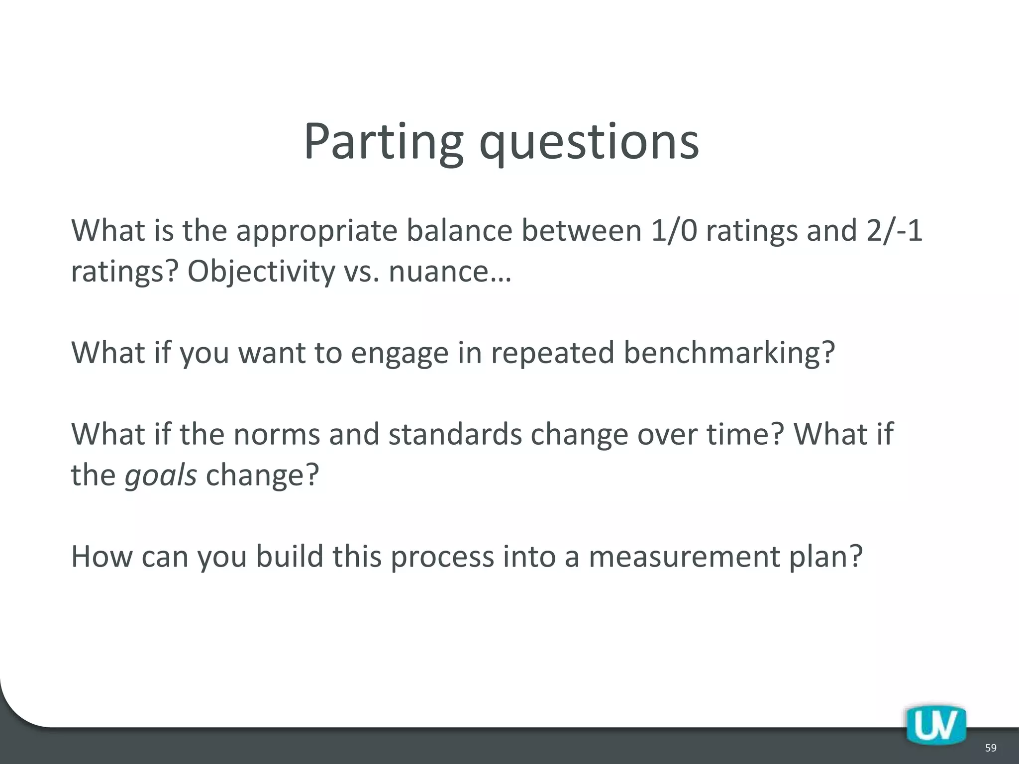 59
Parting questions
What is the appropriate balance between 1/0 ratings and 2/-1
ratings? Objectivity vs. nuance…
What if you want to engage in repeated benchmarking?
What if the norms and standards change over time? What if
the goals change?
How can you build this process into a measurement plan?
 