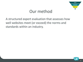 39
Our method
A structured expert evaluation that assesses how
well websites meet (or exceed) the norms and
standards within an industry.
 