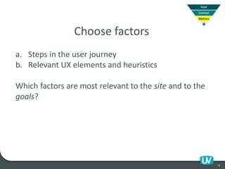 43
Choose factors
a. Steps in the user journey
b. Relevant UX elements and heuristics
Which factors are most relevant to the site and to the
goals?
 