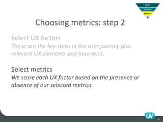 53
Choosing metrics: step 2
Select UX factors
These are the key steps in the user journey plus
relevant UX elements and heuristics.
Select metrics
We score each UX factor based on the presence or
absence of our selected metrics
 