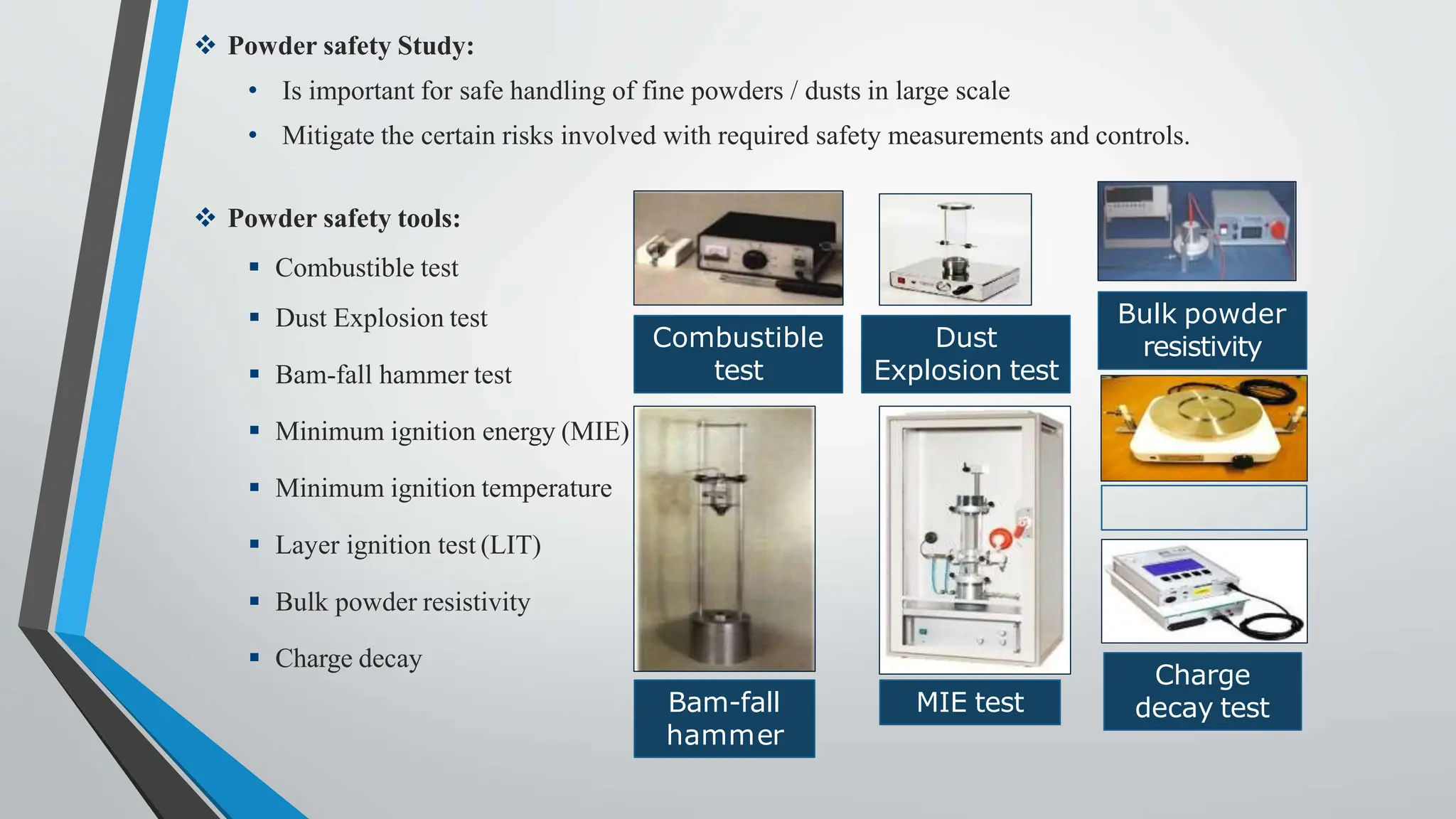  Powder safety Study:
• Is important for safe handling of fine powders / dusts in large scale
• Mitigate the certain risks involved with required safety measurements and controls.
 Powder safety tools:
 Combustible test
 Dust Explosion test
 Bam-fall hammer test
 Minimum ignition energy (MIE)
 Minimum ignition temperature
 Layer ignition test (LIT)
 Bulk powder resistivity
 Charge decay
Bam-fall
hammer
MIE test
Charge
decay test
Combustible
test
Dust
Explosion test
Bulk powder
resistivity
 
