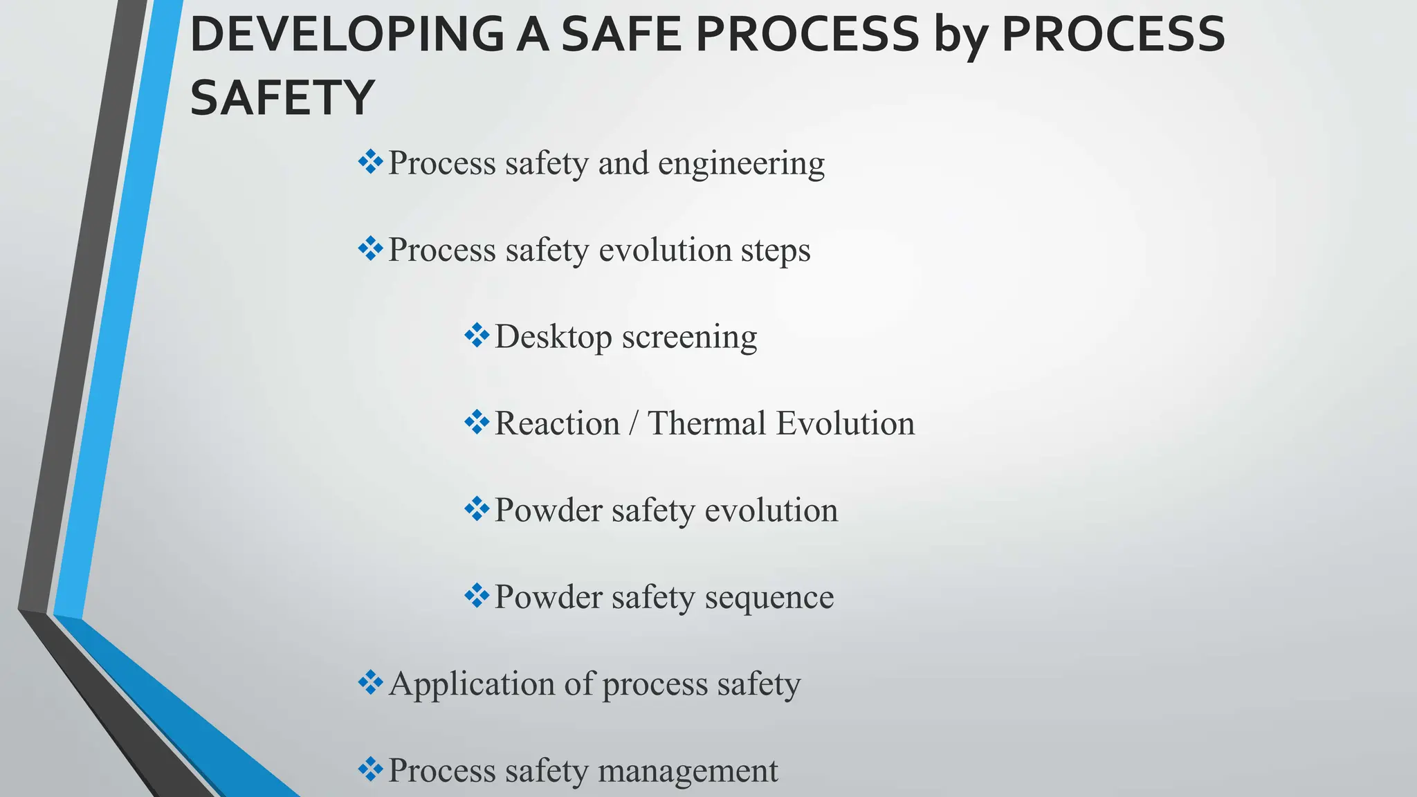 DEVELOPING A SAFE PROCESS by PROCESS
SAFETY
Process safety and engineering
Process safety evolution steps
Desktop screening
Reaction / Thermal Evolution
Powder safety evolution
Powder safety sequence
Application of process safety
Process safety management
 
