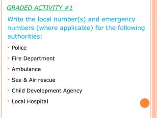 GRADED ACTIVITY #1
Write the local number(s) and emergency
numbers (where applicable) for the following
authorities:
 Police
 Fire Department
 Ambulance
 Sea & Air rescue
 Child Development Agency
 Local Hospital
 