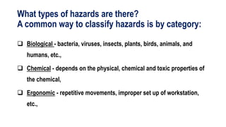 What types of hazards are there?
A common way to classify hazards is by category:
 Biological - bacteria, viruses, insects, plants, birds, animals, and
humans, etc.,
 Chemical - depends on the physical, chemical and toxic properties of
the chemical,
 Ergonomic - repetitive movements, improper set up of workstation,
etc.,
 