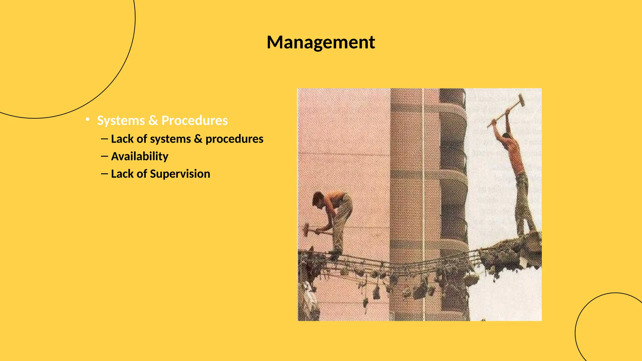 Management
• Systems & Procedures
– Lack of systems & procedures
– Availability
– Lack of Supervision
 