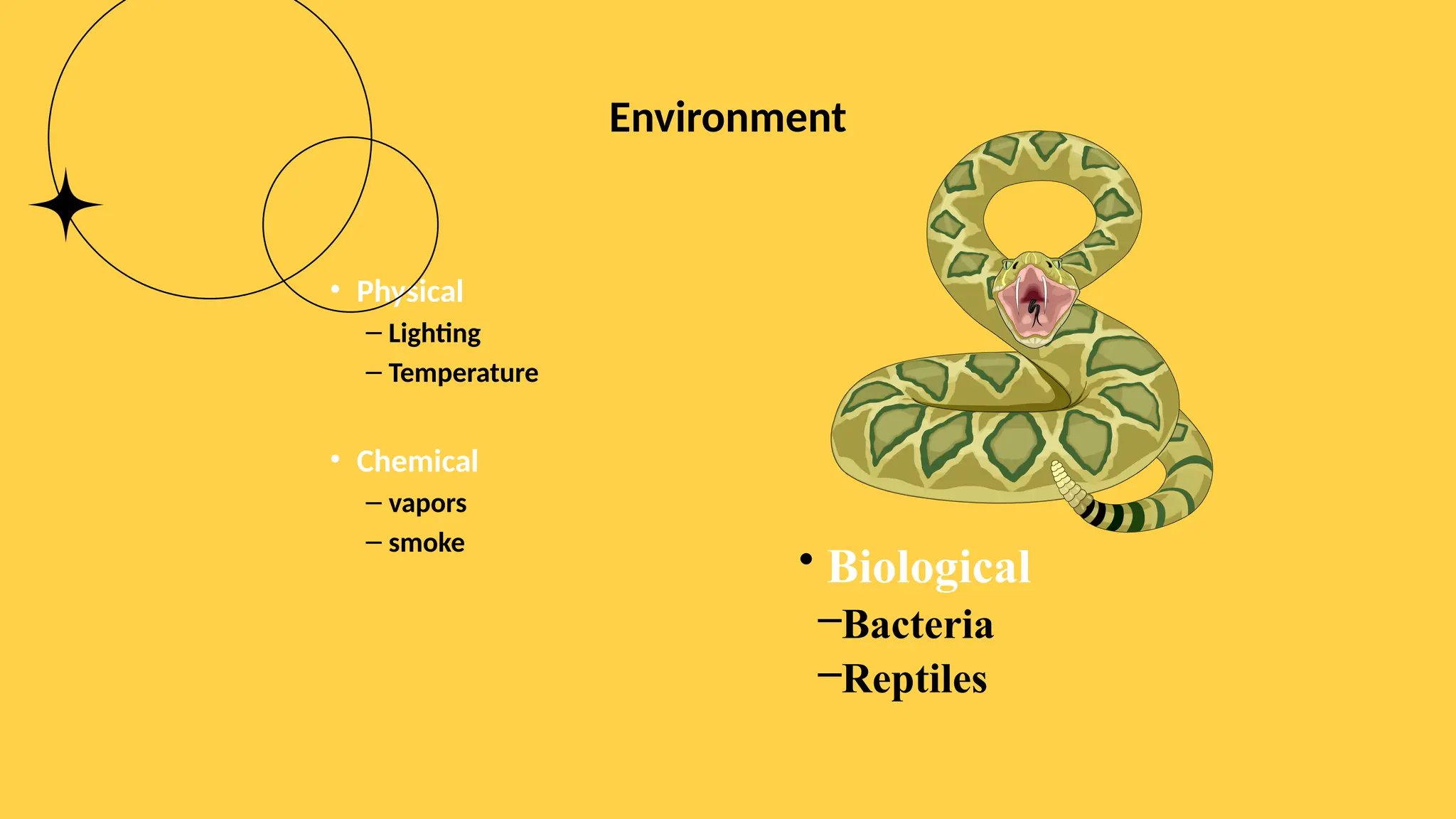 Environment
• Physical
– Lighting
– Temperature
• Chemical
– vapors
– smoke
• Biological
–Bacteria
–Reptiles
 
