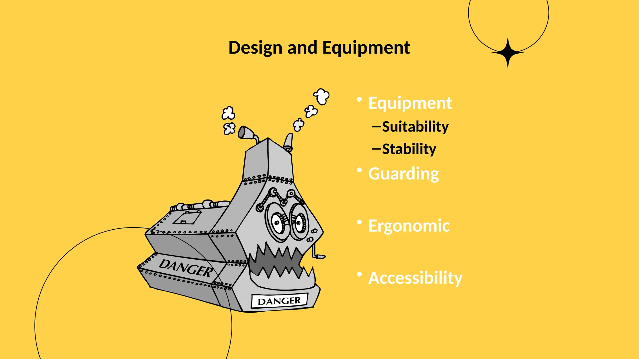 Design and Equipment
• Equipment
–Suitability
–Stability
• Guarding
• Ergonomic
• Accessibility
 