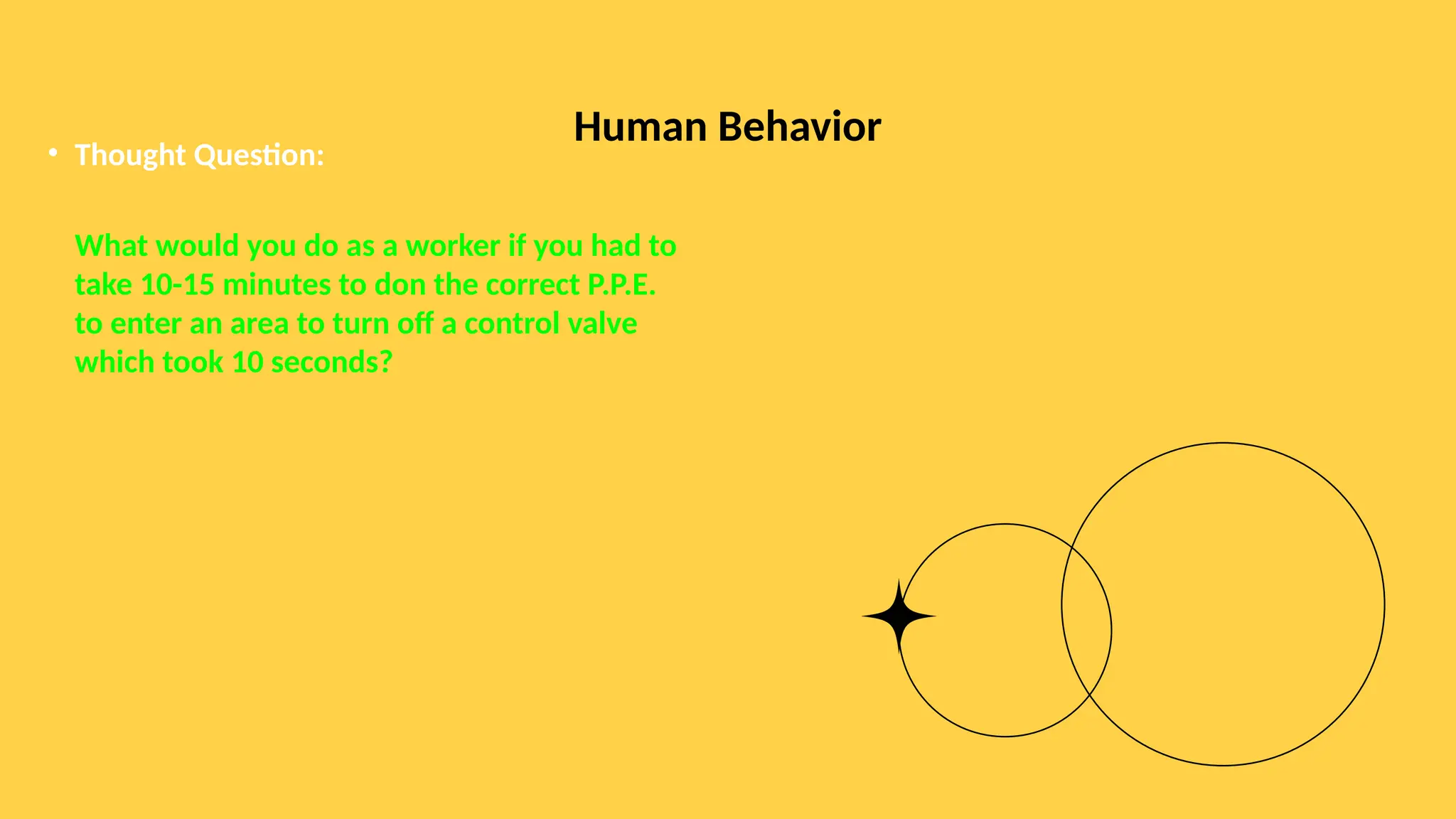 Human Behavior
• Thought Question:
What would you do as a worker if you had to
take 10-15 minutes to don the correct P.P.E.
to enter an area to turn off a control valve
which took 10 seconds?
 