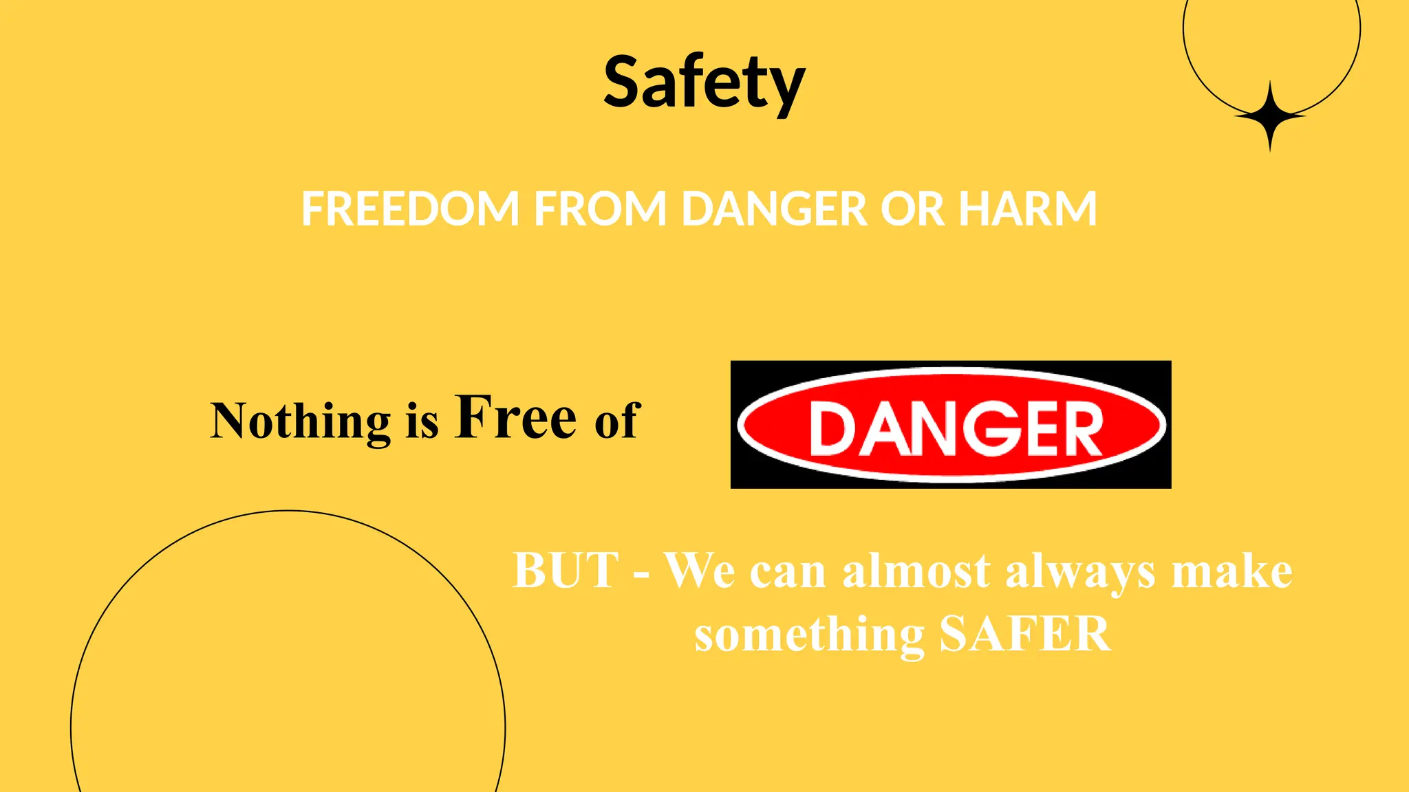 Safety
FREEDOM FROM DANGER OR HARM
Nothing is Free of
BUT - We can almost always make
something SAFER
 