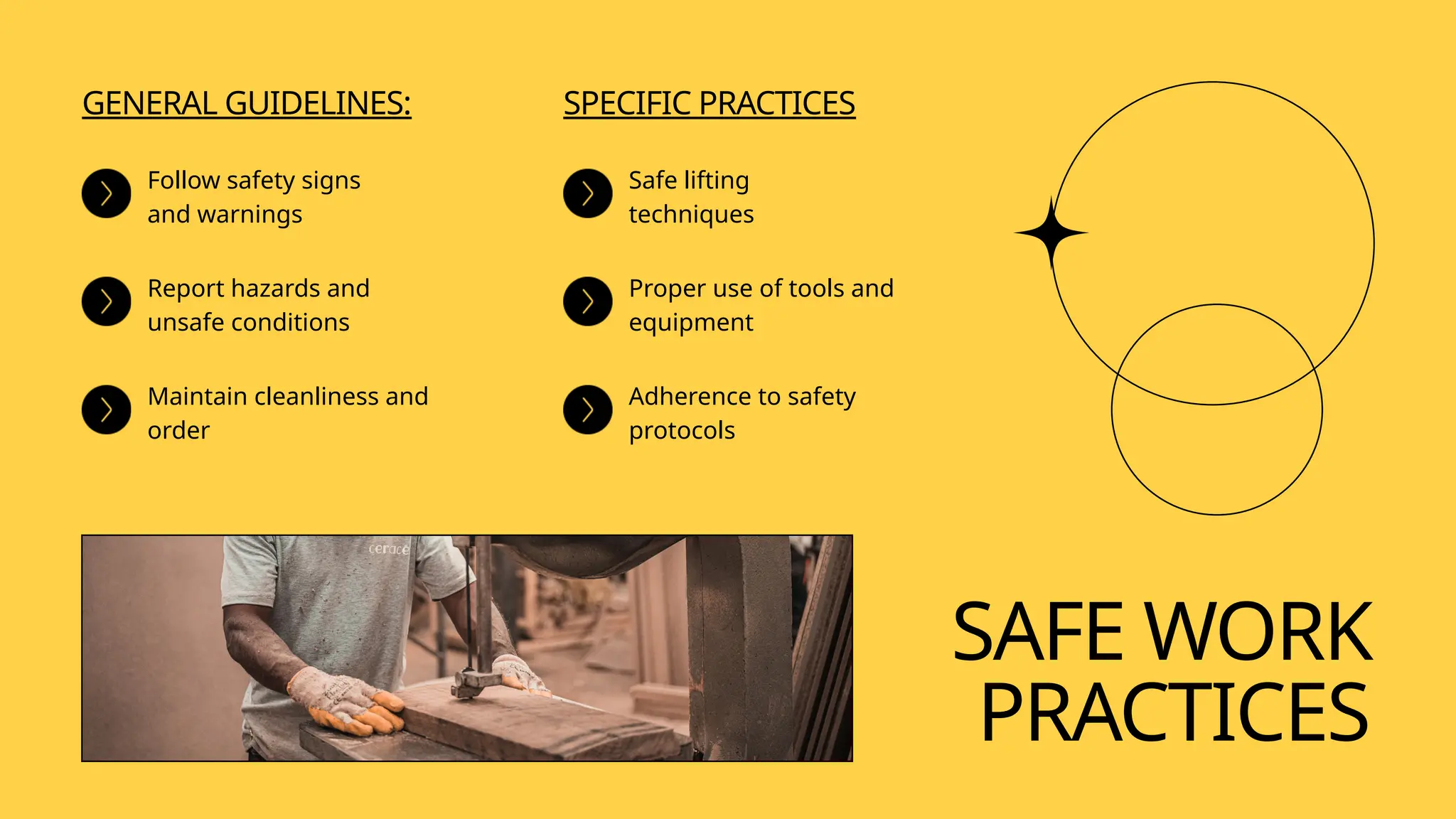 SAFE WORK
PRACTICES
GENERAL GUIDELINES:
Follow safety signs
and warnings
Report hazards and
unsafe conditions
Maintain cleanliness and
order
SPECIFIC PRACTICES
Safe lifting
techniques
Proper use of tools and
equipment
Adherence to safety
protocols
 